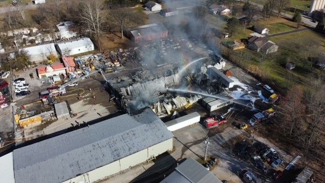 Aerial view of Nov. 19, 2020 fire at Thomas Plastics in Scottsburg, Indiana.